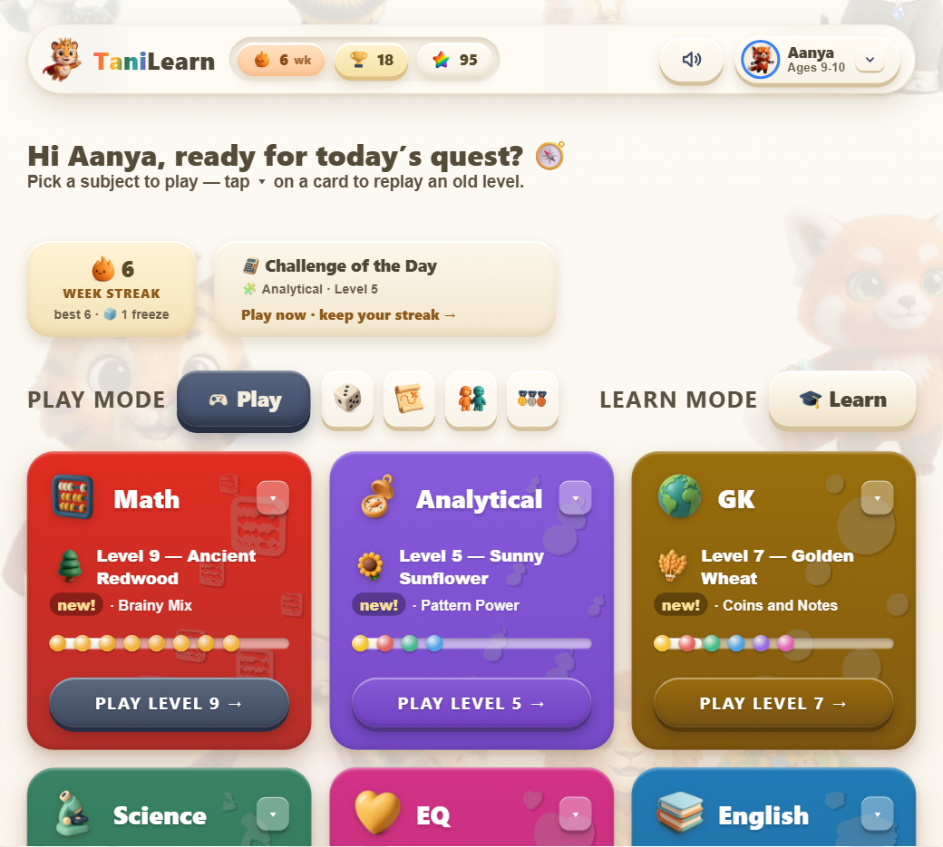 TaniLearn quiz home — pick a subject to play